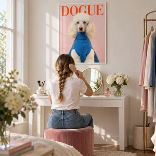 Dogue Poodle Print, framed on the wall of a stylish dressing room with a white wall in a living room
