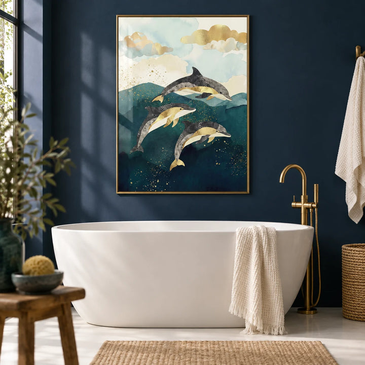 Dolphins Poster, framed on the wall of a calm bathroom with a navy painted wall and a plain white floor