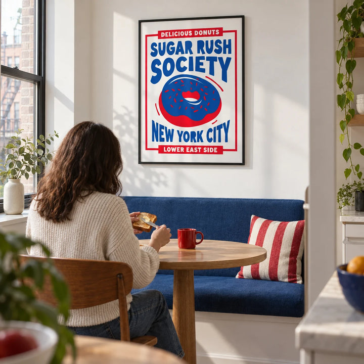 Donut Wall Art, framed on the wall of a compact breakfast nook in a city flat with a white wall and a built-in blue bench in a kitchen