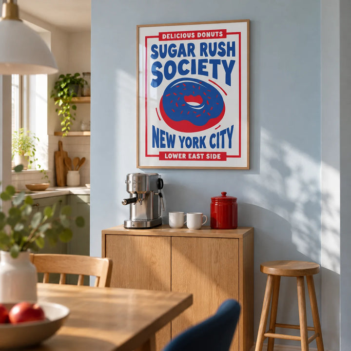 Donut Wall Art, framed on the wall of a dedicated coffee corner at the end of an open-plan kitchen-dining room with a pale blue wall and a narrow oak cabinet