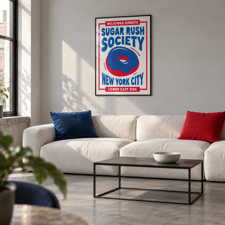Donut Wall Art, framed on the wall of a design-led living room in a UK flat with pale grey walls