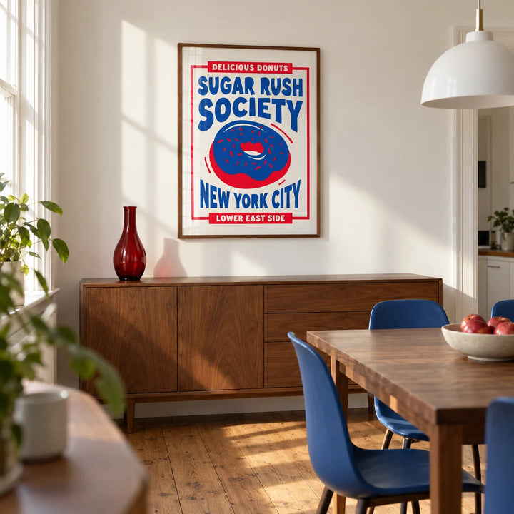 Donut Wall Art, framed on the wall of a modern dining room in a British terraced house with warm white walls and oak floorboards
