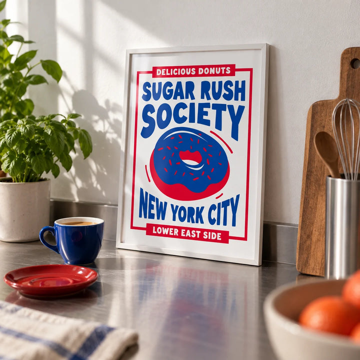 Donut Wall Art, a small A4 framed print leaning on a stainless steel kitchen worktop