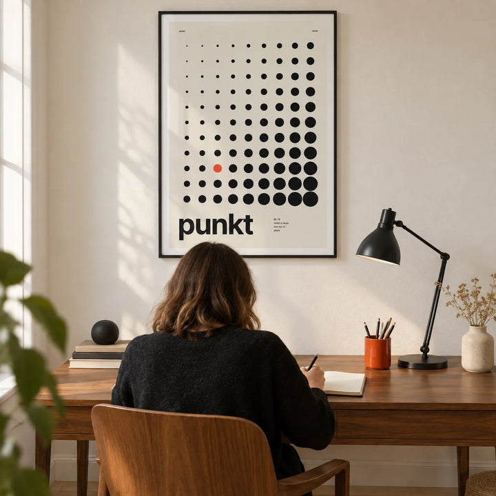 Dots Print, framed on the wall of a compact home study in a design-led UK flat with a warm white wall and oak floor