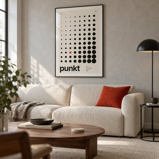 Dots Print, framed on the wall of a crisp modern living room in a converted UK flat with a pale grey plaster wall