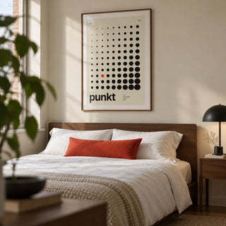 Dots Print, framed on the wall of a modern bedroom for a design-conscious adult in a UK city flat with a soft cream wall