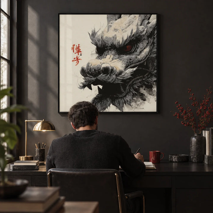 Dragon Head Print, framed on the wall of a moody study with a charcoal painted wall