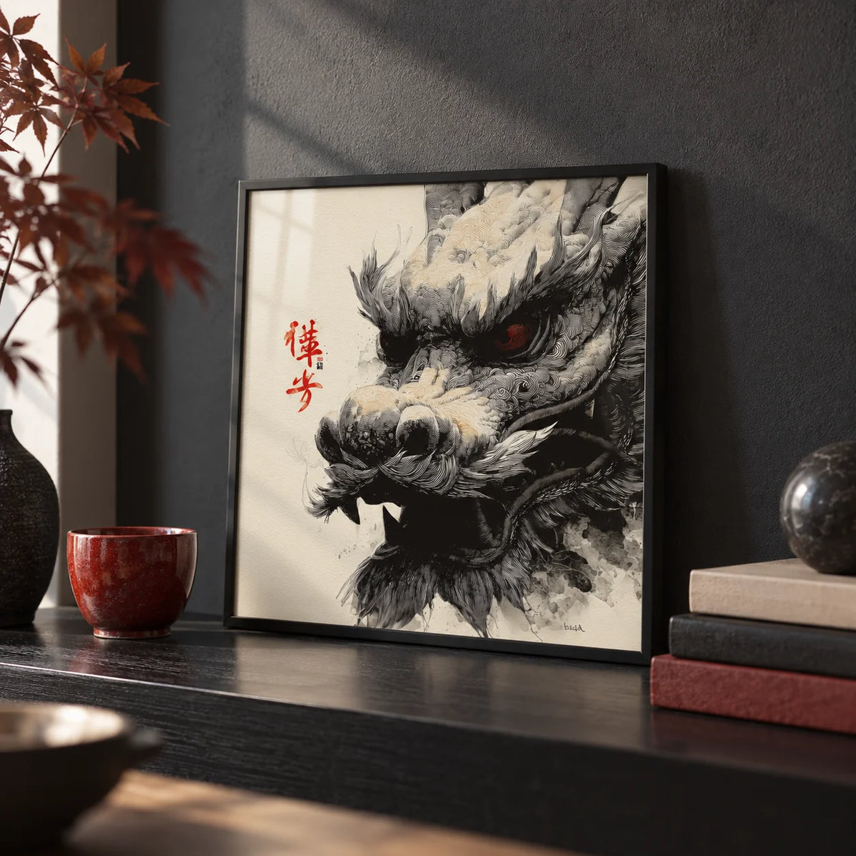 Dragon Head Print, a small A4 framed print leaning on a black shelf in a living room