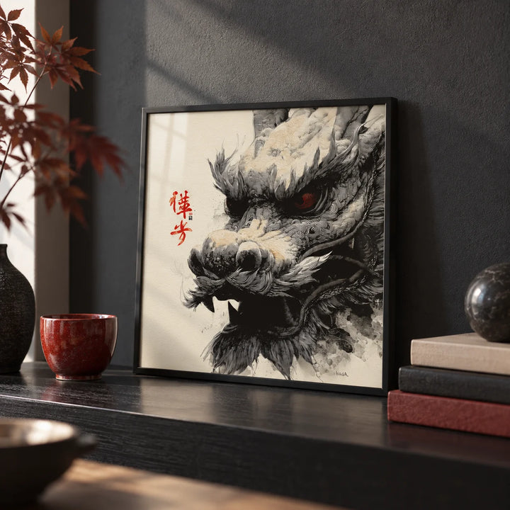 Dragon Head Print, a small A4 framed print leaning on a black shelf in a living room