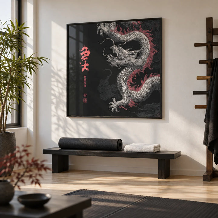 Dragon Poster, framed on the wall of a calm martial arts room at home with a white wall and a pale wood floor