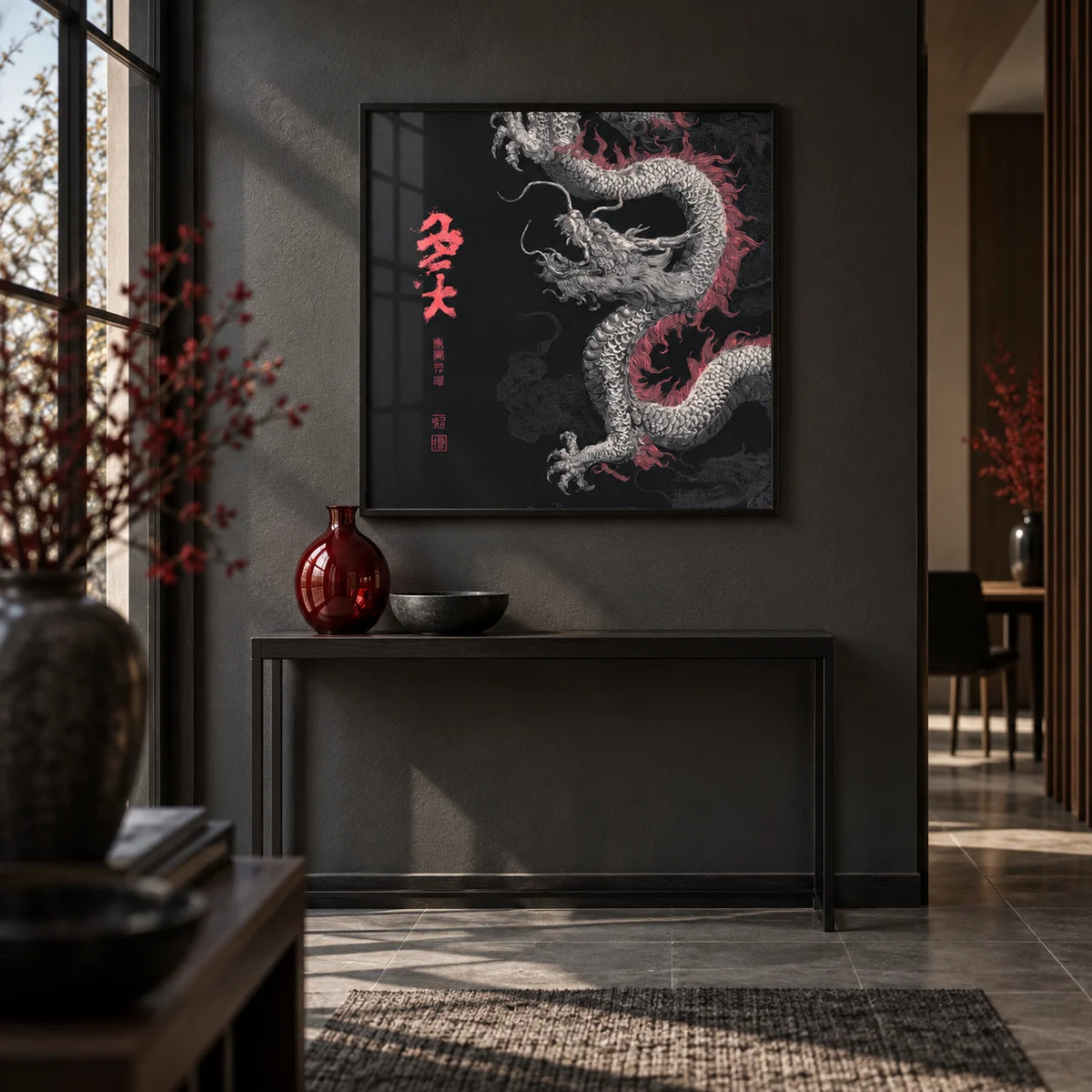 Dragon Poster, framed on the wall of a modern hallway with a charcoal wall
