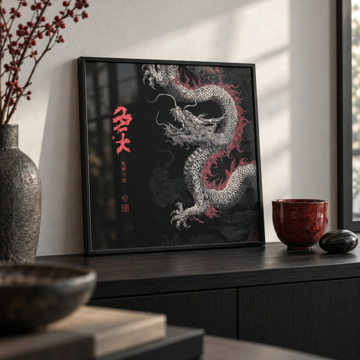 Dragon Poster, a small A4 framed print leaning on a black shelf in a living room