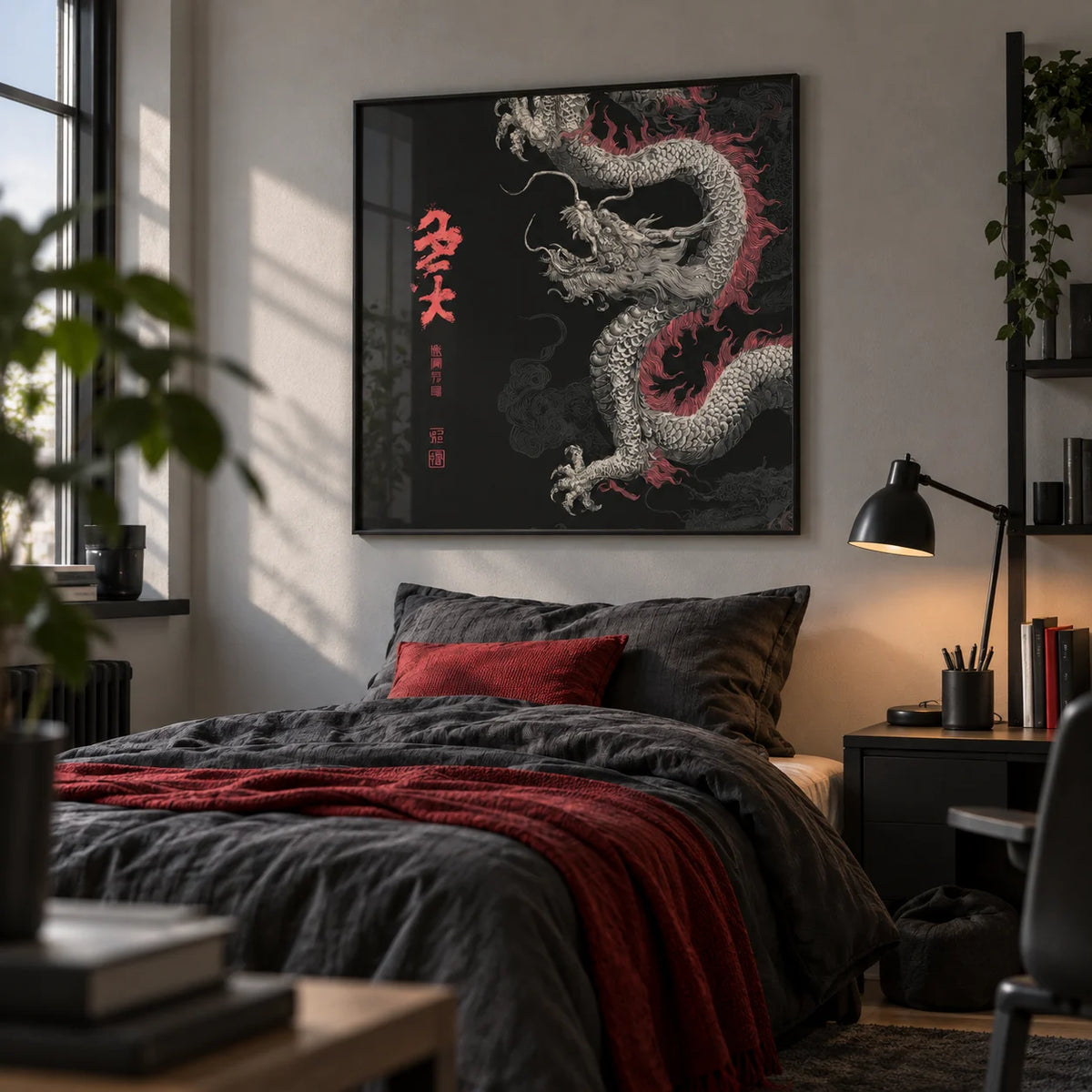 Dragon Poster, framed on the wall of a stylish single bedroom for a teenage boy (14-17) with a light grey wall
