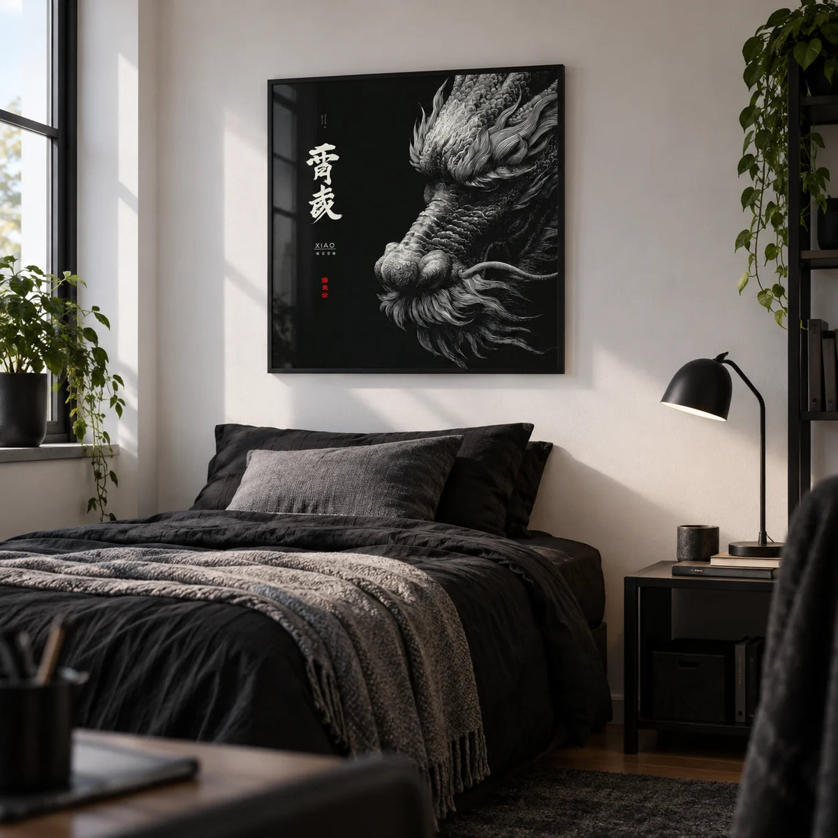Dragon Wall Art, framed on the wall of a stylish single bedroom for a male student or graduate (18-25) with a white wall