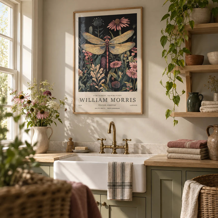 Dragonfly Art Prints, framed on the wall of a calm cottage utility room with a greige wall and plain oak shelving in a laundry room