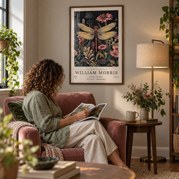 Dragonfly Art Prints, framed on the wall of a cosy reading nook with a greige wall in a living room