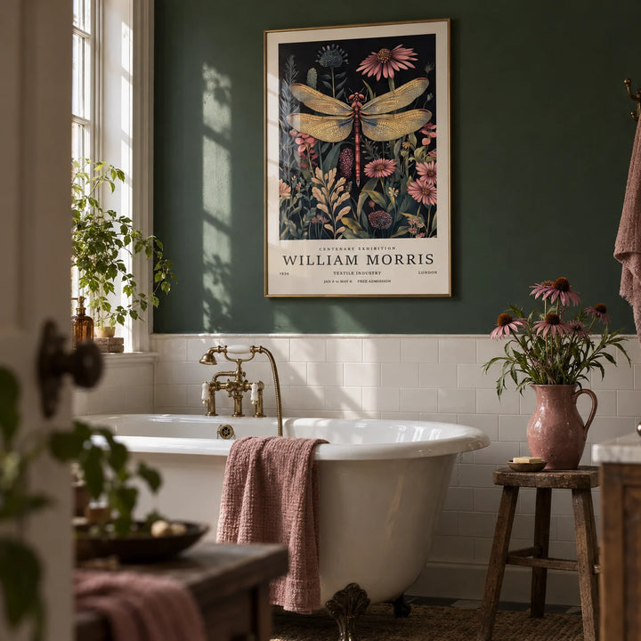 Dragonfly Art Prints, framed on the wall of a heritage bathroom with a dark green painted wall and plain white tiles below