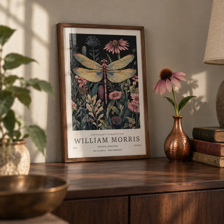 Dragonfly Art Prints, a small A4 framed print leaning on a dark wood sideboard in a living room