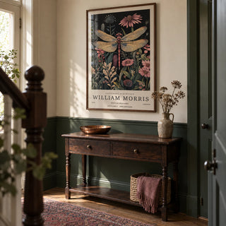 Dragonfly Art Prints, framed on the wall of a terraced house hallway with a deep green lower wall and a cream upper wall