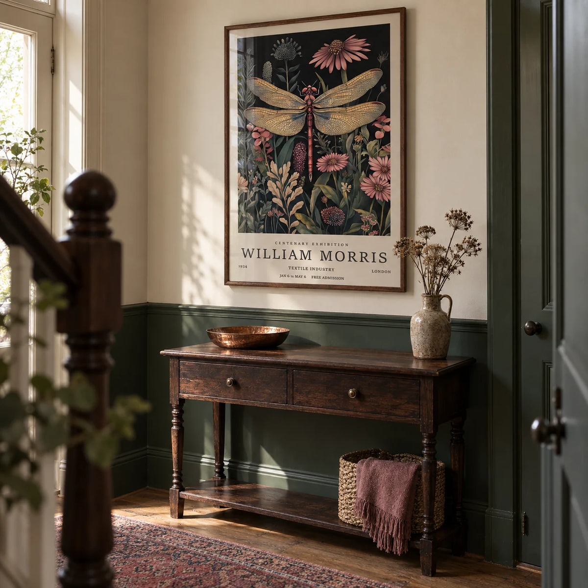 Dragonfly Art Prints, framed on the wall of a terraced house hallway with a deep green lower wall and a cream upper wall
