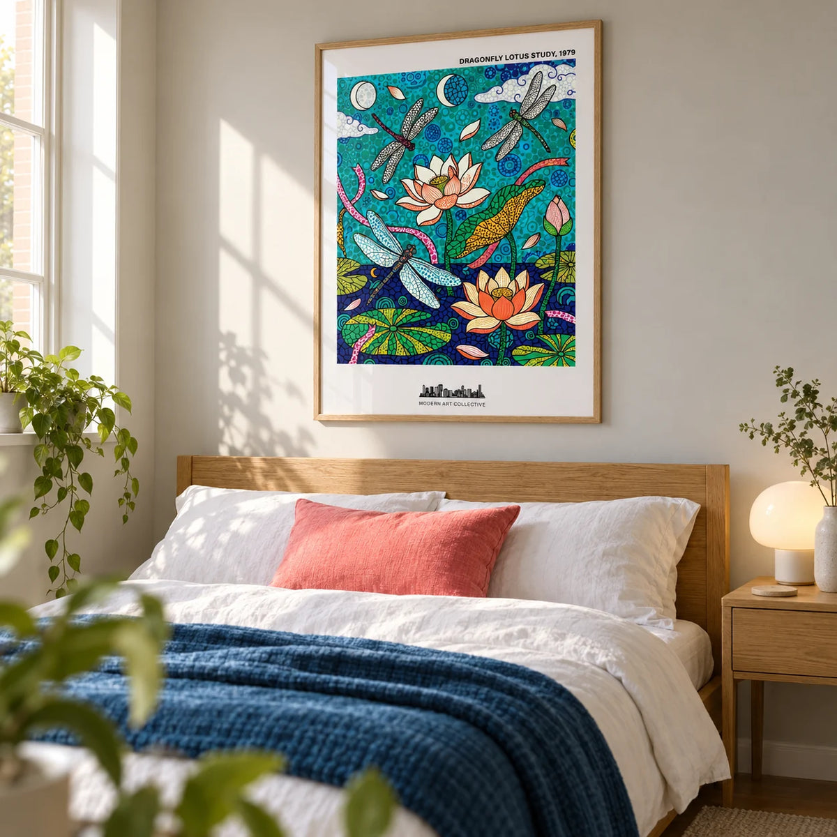 Dragonfly Lotus Art Print, framed on the wall of a bright contemporary bedroom in a couple's UK flat with a pale warm grey wall