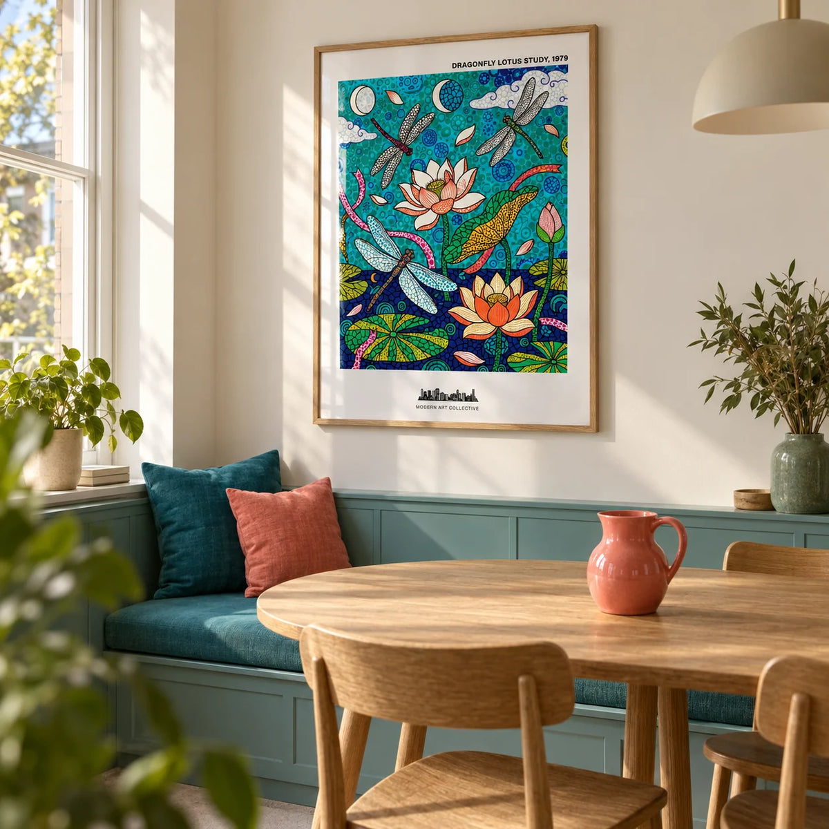 Dragonfly Lotus Art Print, framed on the wall of a compact contemporary dining room in a UK flat with a warm white wall and a muted turquoise built-in bench