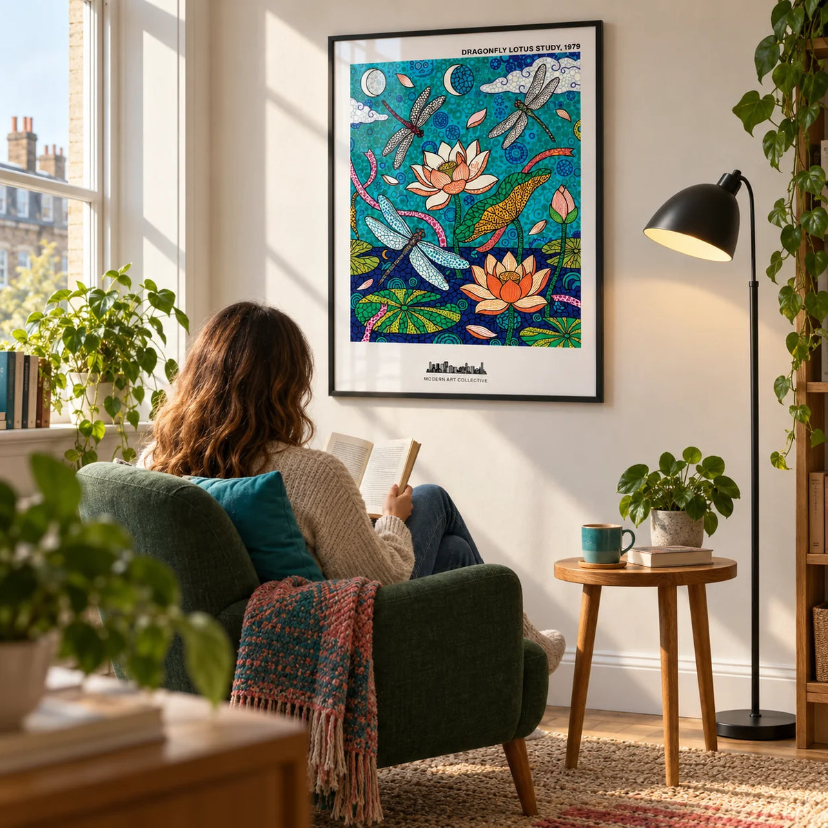 Dragonfly Lotus Art Print, framed on the wall of a modern reading corner beside a tall window in a UK flat with a warm white wall in a living room