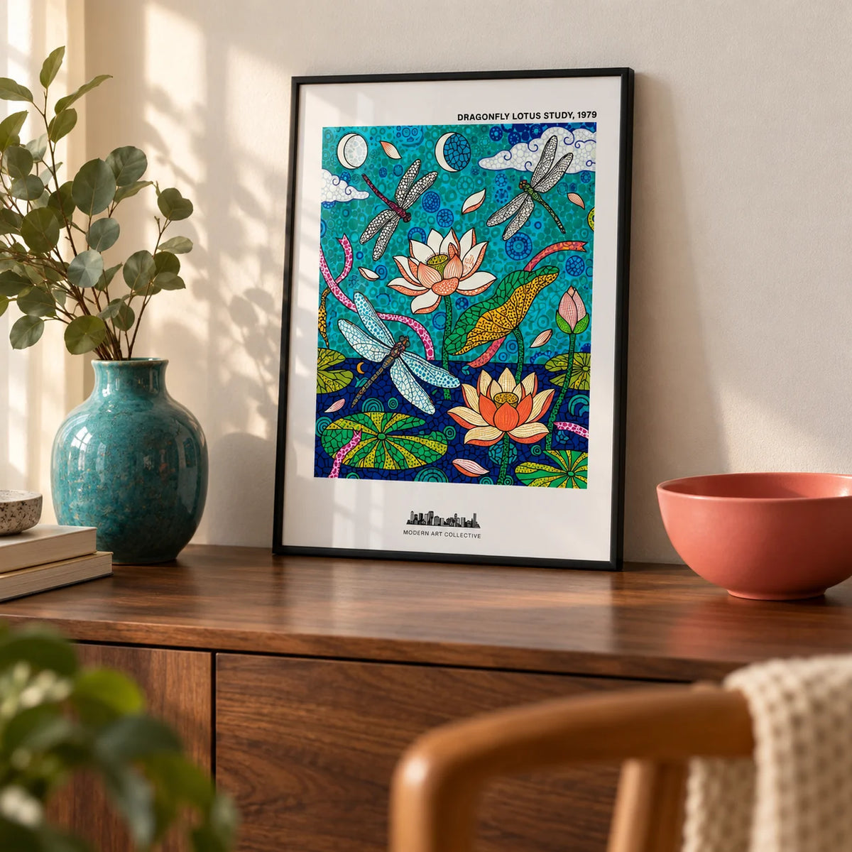 Dragonfly Lotus Art Print, a small A4 framed print leaning on a walnut sideboard in a living room