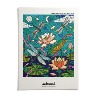 Dragonfly Lotus Art Print, shown as an unframed paper print on a plain white background