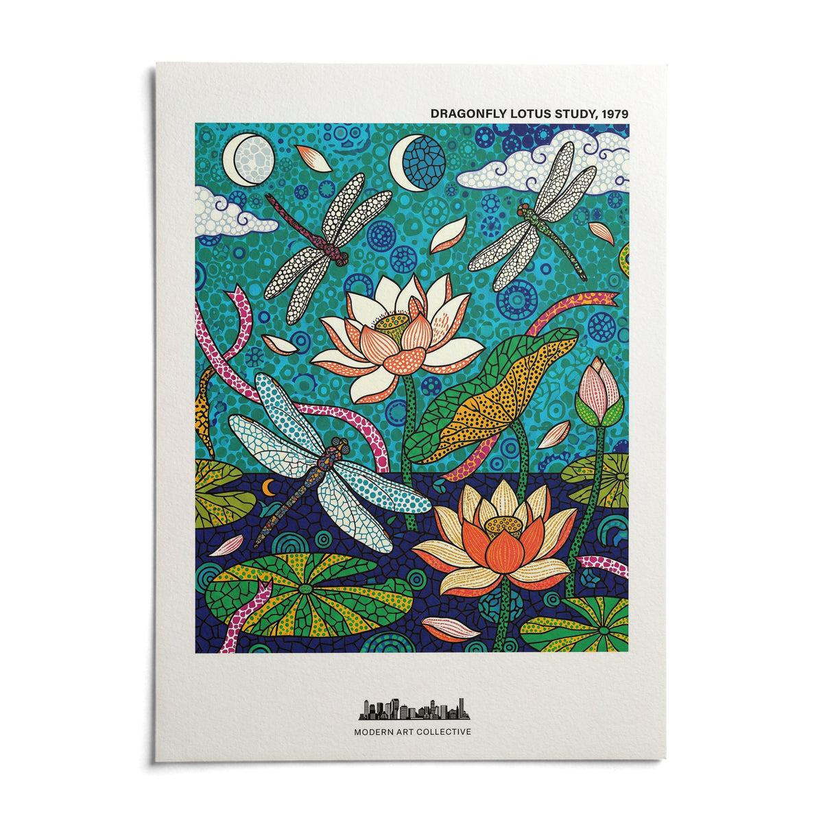 Dragonfly Lotus Art Print, shown as an unframed paper print on a plain white background
