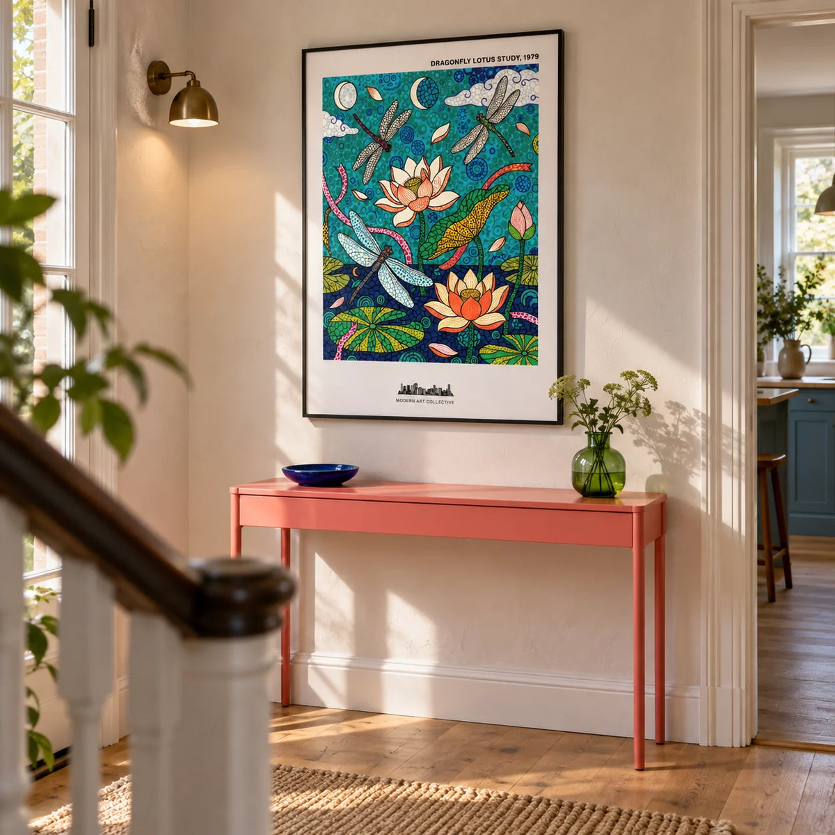 Dragonfly Lotus Art Print, framed on the wall of a welcoming hallway in a renovated UK terrace with a pale plaster wall and oak floorboards