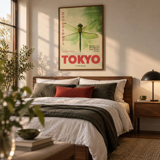 Dragonfly Wall Art, framed on the wall of a crisp modern bedroom with contrast