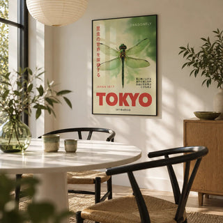 Dragonfly Wall Art, framed on the wall of a modern dining nook