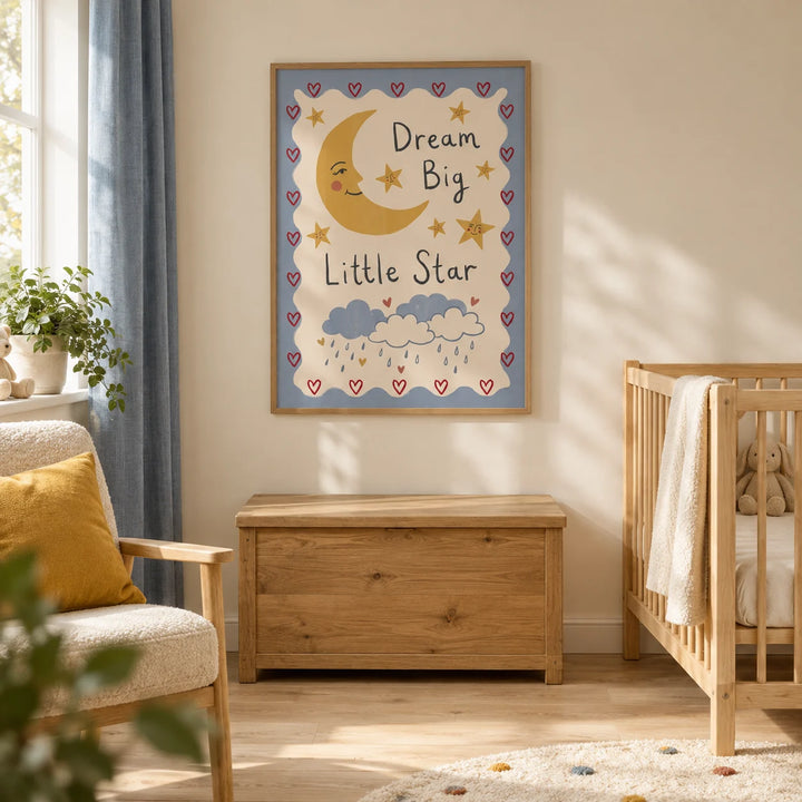 Dream Big Art Print, framed on the wall of a welcoming nursery in a UK family home with warm cream walls and pale wooden floorboards