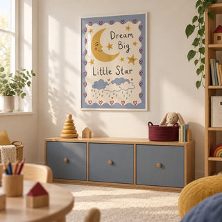 Dream Big Poster, framed on the wall of a calm playroom in a UK family home with warm white walls and a plain cream rug