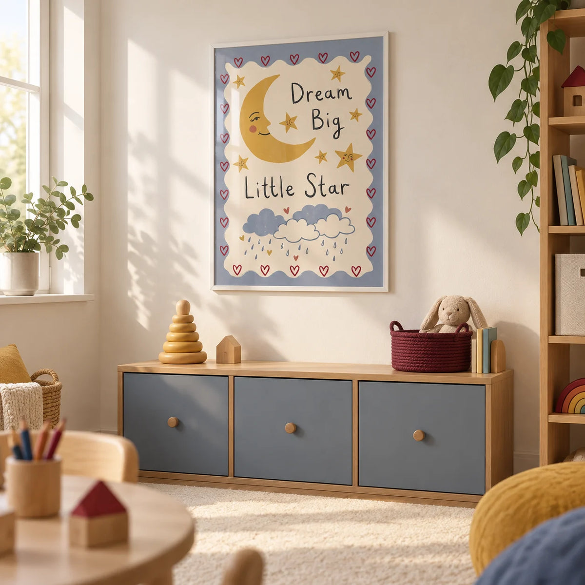 Dream Big Poster, framed on the wall of a calm playroom in a UK family home with warm white walls and a plain cream rug