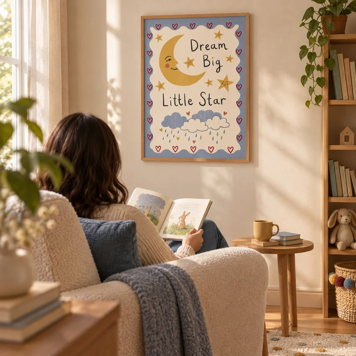 Dream Big Poster, framed on the wall of a cosy nursery reading corner with a warm cream wall and simple wooden floorboards