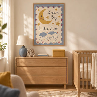 Dream Big Poster, framed on the wall of a gentle nursery in a UK family home with warm cream walls and a pale oak floor