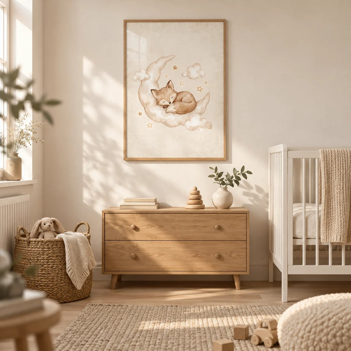 Moon And Sun Print, framed on the wall of a calm Scandi nursery in a UK family home with a warm cream wall and pale wooden floor