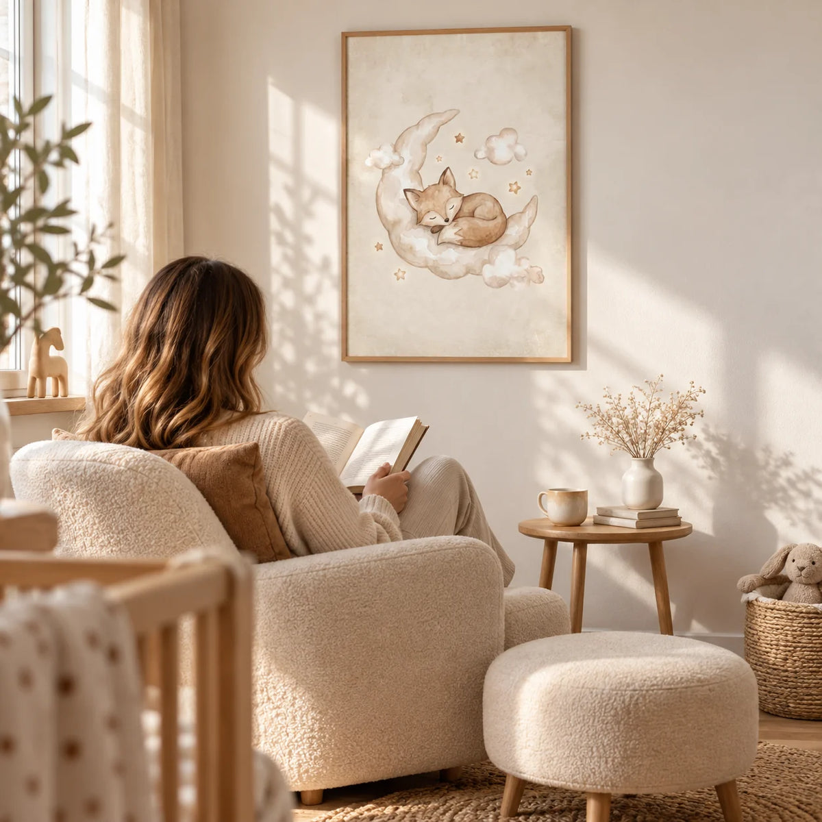 Moon And Sun Print, framed on the wall of a cosy nursery reading corner with a warm white wall and pale oak floor