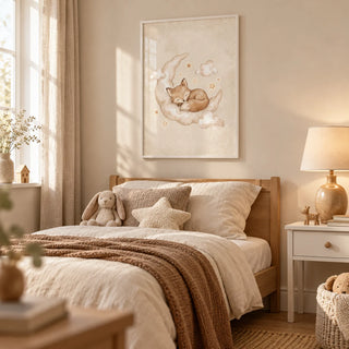 Moon And Sun Print, framed on the wall of a gentle woodland-inspired child's bedroom in a UK family home with a pale oatmeal wall