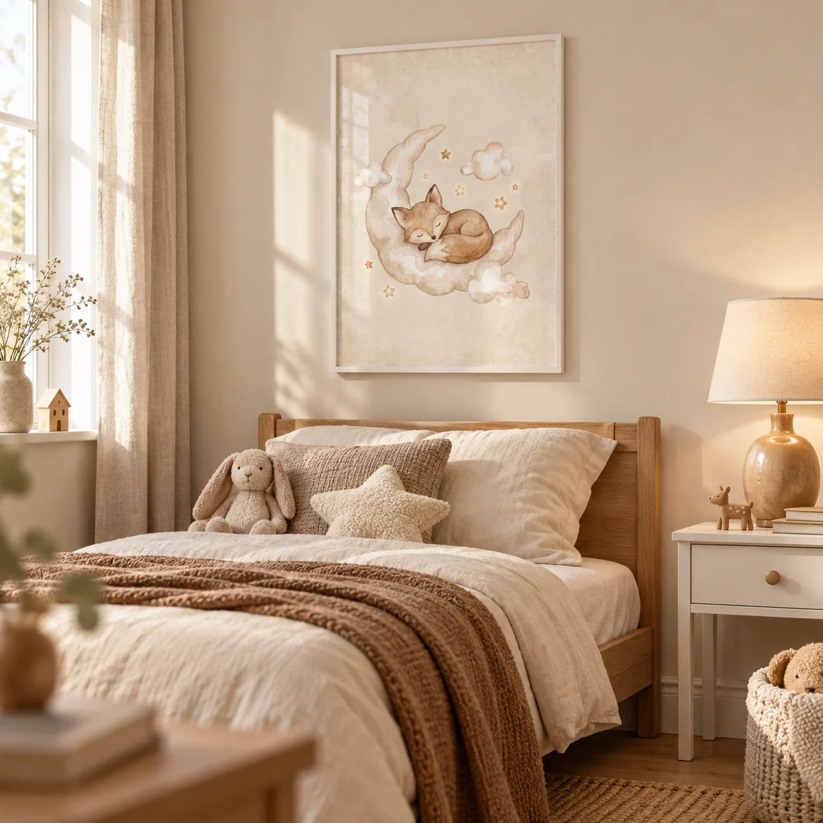 Moon And Sun Print, framed on the wall of a gentle woodland-inspired child's bedroom in a UK family home with a pale oatmeal wall