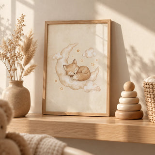 Moon And Sun Print, a small A4 framed print leaning on a pale oak nursery shelf