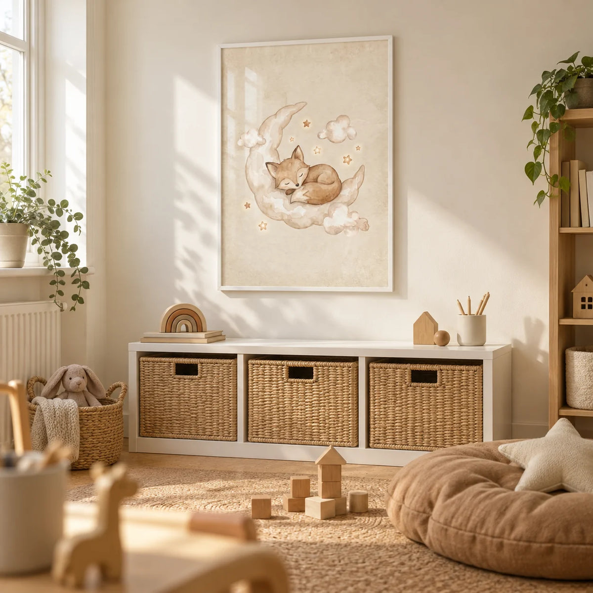 Moon And Sun Print, framed on the wall of a tidy playroom in a British terraced family home with a cream wall and simple cork floor