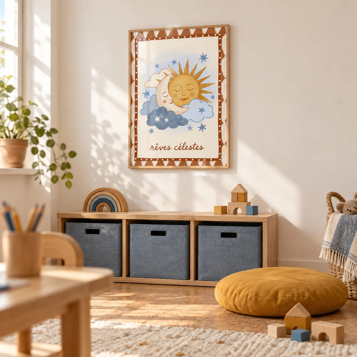 Moon And Sun Print, framed on the wall of a calm playroom with warm white walls and natural cork flooring