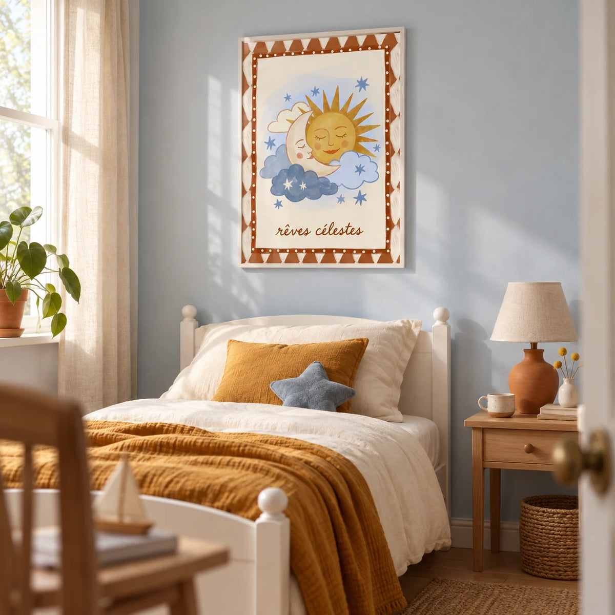 Moon And Sun Print, framed on the wall of a gentle celestial single bedroom in a family home with a pale blue wall