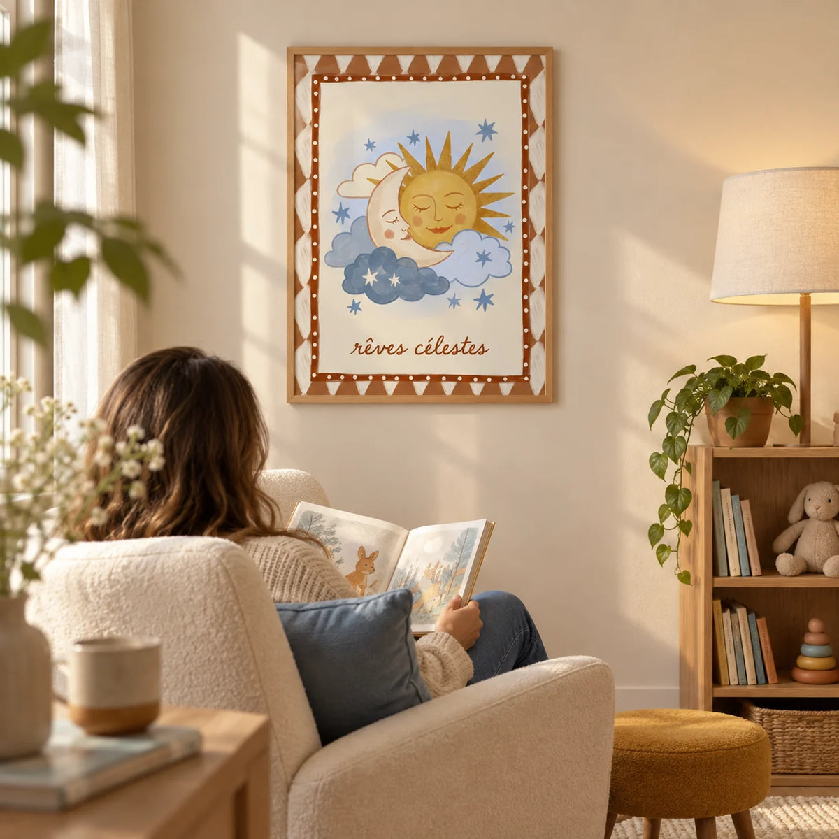 Moon And Sun Print, framed on the wall of a quiet nursery reading corner with a warm cream wall and a low oak bookcase