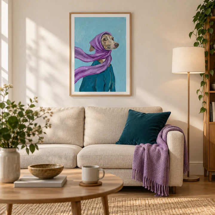 Dressed Up Dog Art, framed on the wall of a contemporary living room in a UK first flat (25-35) with warm white walls and an oak floor