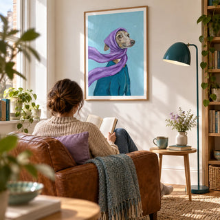 Dressed Up Dog Art, framed on the wall of a relaxed reading corner in a bright UK flat with a warm white wall in a living room
