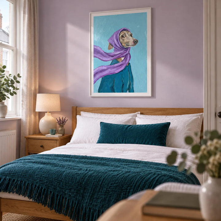 Dressed Up Dog Art, framed on the wall of a restful adult bedroom in a UK terrace with a pale lavender wall